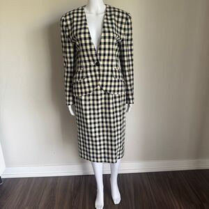 Vintage Christian Dior Black White Wool Checkerboard Skirt Suit Blazer 90’s